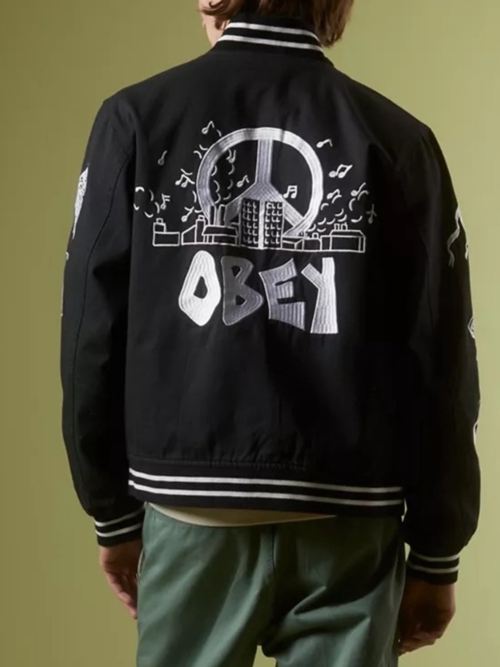 Obey black white love is the cure embroidered varsity bomber jacket men's S